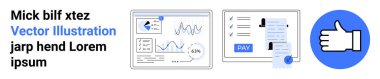 Graph screens, online payment receipt, and thumbs-up icon. Ideal for fintech, data analysis, digital payments, business apps, finance tools, e-commerce abstract line flat metaphor
