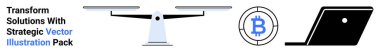 Balanced scales symbolize fairness, Bitcoin highlights cryptocurrency, and a laptop relates to technology. Ideal for blockchain, innovation, finance, equity, digital technology, decision-making