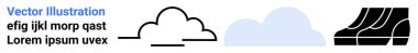 Stylized black outline cloud, filled light blue cloud, minimalist shoe soles in black. Ideal for weather, fashion, branding, simplicity, design presentations, UIUX flat landing page banner