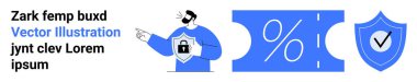 Person pointing at shield icon with padlock, percentage discount coupon, and verification shield. Ideal for security, discounts, trust, technology, e-commerce protection marketing. Abstract line