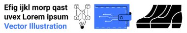 Light bulb with connected blocks, digital wallet with circuits, streamlined steps. Ideal for fintech, blockchain, innovation, automation, technology, digital solutions flat landing page banner