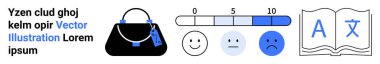 Feedback scale with happy faces, luxury handbag, open book for language study. Ideal for retail, education, customer experience, e-commerce, branding, multilingual content flat landing page banner