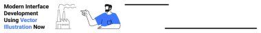Male figure in blue shirt points toward factory, symbolizing modern industrial design and interface development. Ideal for technology, innovation, development, teamwork, industry, engineering, flat