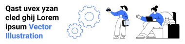 Two individuals engaging in teamwork one holding a clipboard and gear, another using a laptop. Surrounding gear icons represent productivity, collaboration, and technology. Ideal for workflow