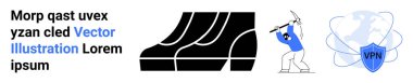 Tire treads represent the automotive theme, miner swinging pickaxe symbolizes resource extraction, and a VPN shield with global network icons conveys cybersecurity. Ideal for automotive, security