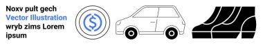 Minimalist car outline, dollar coin, and escalator symbolizing mobility, finance, and infrastructure. Ideal for transport, mobility, economy, business modern design investment flat landing page