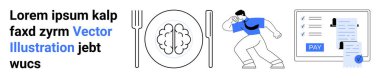 Plate with brain symbolizes mental diet, checklist highlights productivity, figure depicts stress management. Ideal for health, self-care, productivity, stress relief, mental wellness, lifestyle