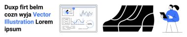 Interactive data dashboard with charts, graphs, stylized shoe shapes, and a person using a tablet. Ideal for business, statistics, technology, retail, marketing trends and flat landing page banner