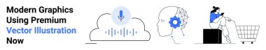 AI brain, cloud voice recognition, and woman shopping online symbolize technology trends. Ideal for AI tech, e-commerce, innovation, smart apps, future tech, voice assistant flat landing page banner