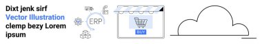 Shopping cart storefront with ERP, cloud icon, and abstract gears connecting business tools. Ideal for e-commerce, cloud integration, business automation, ERP systems, digital marketing, SaaS tools