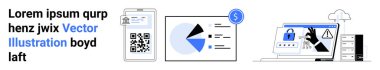 Mobile device with QR code, financial chart with pie graph, and laptop showing security warnings. Ideal for finance, cybersecurity, technology, e-commerce, analytics, remote work simple landing page