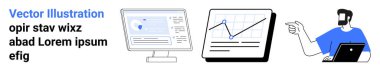Data analysis setup including a tablet with chart, computer displaying website, person holding laptop. Ideal for analytics, business, finance, technology, web design, education flat landing page