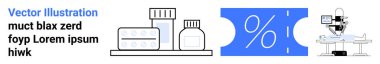 Medication bottles and packages alongside a percent symbol and laboratory microscope. Ideal for pharmacy, healthcare, medicine discounts, laboratory research, scientific innovation, medical services