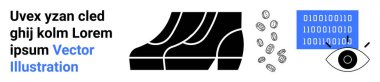 Binary code, eye icon, stacked block shapes, and scattered circles symbolize data analytics and digital innovation. Ideal for technology, AI, automation, blockchain, security design trends flat