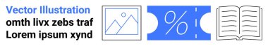 Abstract book icon, image frame, and percentage sign on a ticket. Ideal for education, business, coupons, studying, reading discount promotions and teaching concepts. Abstract line flat metaphor