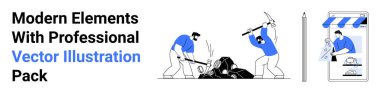 Workers breaking rocks with tools, alongside a pencil and an online store concept. Ideal for mining, e-commerce, creativity, teamwork, labor, industry digital commerce. Perfect for a flat landing