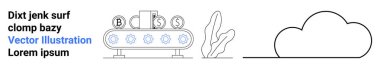 Conveyor belt processing coins marked with B, S, and P, adjacent plant decor and cloud outline. Ideal for automation, technology, investment, manufacturing, data fintech simple landing page