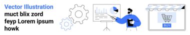Businessman presenting data on board with charts and gears, alongside an online store interface. Ideal for marketing, analytics, strategy, presentation, teamwork, innovation, flat landing page banner