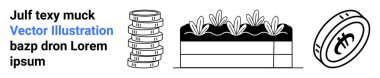 Stacked coins, seedlings growing from soil, single currency coin symbolizing financial investment, growth, agriculture, savings, economy. Ideal for finance, sustainability banking farming wealth