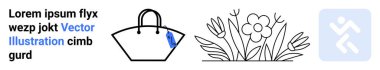 Handbag with tag, floral art, and navigation icon in soft color tones. Ideal for lifestyle, fashion, nature, travel, branding navigation simplicity. Flat landing page banner