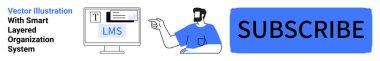 Man engaging with LMS system on desktop, pointing at subscribe button. Ideal for education, e-learning, marketing, subscriptions, tutorials, technology, flat landing page banner