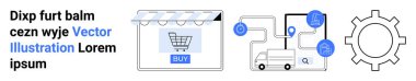 Digital store with shopping cart, logistic map with truck and pins, optimization gear. Ideal for e-commerce, logistics, technology, automation, efficiency, online shopping flat landing page banner