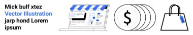 Laptop storefront interface, stacked dollar coins, and shopping bag with tag representing online shopping, digital transactions, retail, business growth, e-commerce trends, and technology. Ideal