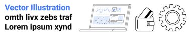 Business team analyzing charts and data on laptop screen. Wallet holding cards symbolizes financial management. Gear icon represents technology. Ideal for business, finance, technology, digital