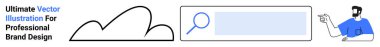 Cloud outline next to search bar with magnifying glass and male figure in blue shirt pointing to the right. Ideal for technology, innovation, internet, research, branding, business strategy, flat