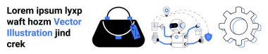 Elegant handbag with tags, robot technology engaging with devices, and gear symbol representing process. Ideal for retail, technology, innovation, automation, shopping, process flat landing page