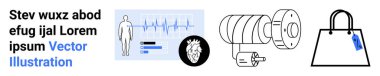 EKG monitor and human figure for medical analysis, gear mechanism for engineering, shopping bag for retail. Ideal for health technology, machinery design, retail trends, education, and flat landing