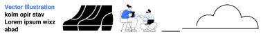 Two professionals collaborate using tablets seated on stools. Includes abstract curves, modern cloud outline, and clean lines. Ideal for technology, teamwork, creativity, education, productivity