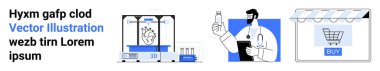 3D printing heart model, researcher with vial, and online store interface with a shopping cart. Ideal for biotechnology, healthcare, research, medicine, online shopping, innovation flat landing page