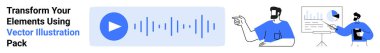 Play button with soundwaves, male characters discussing screen charts and visuals during presentation. Ideal for technology, education, analytics, collaboration, multimedia, teamwork, flat landing