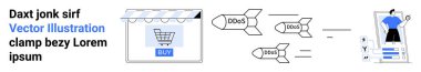 E-commerce platform under attack by labeled cyber missiles, secure online shopping interface, data protection. Ideal for cybersecurity, online safety, e-commerce security, threat awareness