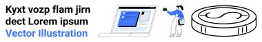 Person engaging with laptop screen featuring online interface, large coin icon symbolizing finances. Ideal for fintech, technology, investment, cryptocurrency, e-commerce, payment systems, flat