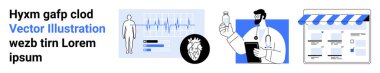 Human outline with EKG chart, detailed heart illustration, a doctor examining vial, and online consultation portal. Ideal for medical services, healthcare technology, online consultations, health