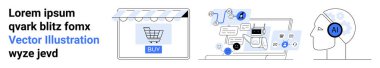 Online shopping cart storefront, AI head silhouette with circuitry, laptop interface with tools and settings. Ideal for e-commerce, AI, tech innovation, software, startups, UXUI flat landing page