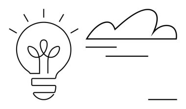 Basit bir bulut çiziminin yanında filizlenen bir bitki olan ampul. Yaratıcılık, yenilik, sürdürülebilirlik, beyin fırtınası, teknoloji, enerji, büyüme kavramları için idealdir. Düz basit metafor