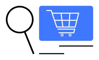Büyüteç mavi dijital ekranda bir alışveriş arabası simgesini gösteriyor. E-ticaret, ürün araması, çevrimiçi alışveriş, kullanıcı deneyimi, pazarlama, dijital analiz, iş stratejisi için ideal. Düz