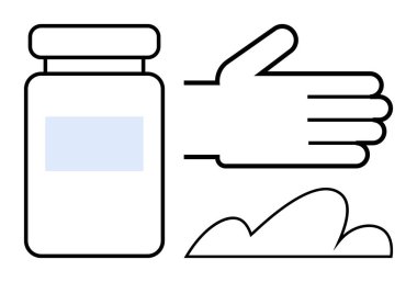 İlaç kavanozu, açık el ve toz yığını sağlık, ilaç, dağıtım ve tüketimi çağrıştırıyor. Sağlık hizmetleri, eczane tıbbı, güvenlik hijyen tedavisi için idealdir. Düz basit metafor