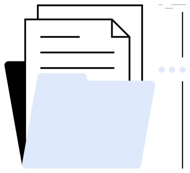 Bir dosya klasöründen çıkan belgeler, organizasyonu, veri depolamayı, belge yönetimini veya planlamayı sembolize ediyor. Ofis işi, verimlilik, dosyalama, dijital arşiv kayıt uyumluluğu için ideal