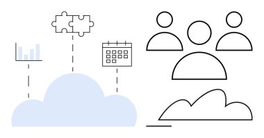 Bulut, bar şemasını, bulmaca parçasını, takvimi ve takım simgelerini, veri entegrasyonunu, görev yönetimini, planlama ve takım çalışmasını sembolize eder. İşbirliği verimlilik organizasyonu için ideal