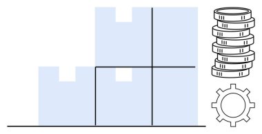 Yığınlanmış kutular, bir dişli, ve depolama yönetimini gösteren madeni paralar, operasyonel akıcılık, ve kazanç. Lojistik, e-ticaret, depo, finansman verimliliği iş akışı için ideal
