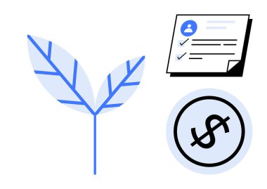 Yaprak sürdürülebilirliği, kişisel organizasyonu temsil eden listeyi ve finansal büyüme için dolar işaretini sembolize ediyor. Sürdürülebilirlik, finans, planlama, belgeleme, ekoloji, yatırım için ideal