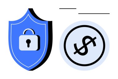 Yuvarlak çerçeveli dolar işaretinin yanında kilit simgesi olan mavi bir kalkan. Finans, siber güvenlik, tasarruf, sigorta, güven, dijital güvenlik ve çevrimiçi ödemeler için ideal. Düz basit metafor