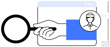 El ele tutuşan büyüteç, kullanıcı profili simgesiyle web tarayıcısı inceliyor. Kullanıcı araştırması, profil doğrulama, kimlik kontrolü, analitik, adam toplama, izleme, veri gizliliği için ideal. Düz