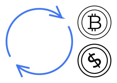 Mavi dairesel oklar Bitcoin ve dolar bozuklukları arasındaki değişimi sembolize ediyor. Finans, kripto para birimi, para değişimi, işlemler, ademi merkeziyet, engelleme zinciri, dijital ekonomi için ideal. Düz basit