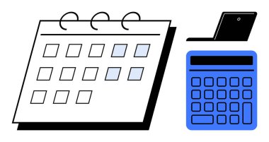 Vurgulanmış tarihler, hesap makinesi ve dizüstü bilgisayarlı takvim vurgulama zamanı organizasyonu, finansal analiz ve dijital araçlar. Üretkenlik, zamanlama, iş stratejisi ve uzak çalışma için ideal