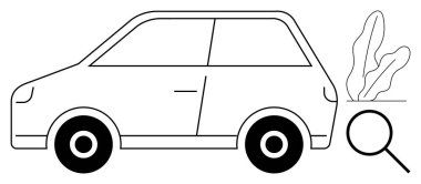 Bitkilere bakan kompakt araba ve sürdürülebilirliği, keşfi ve ekolojiyi vurgulayan büyüteç. Çevrecilik, yeşil ulaşım, otomotiv tasarımı, ekolojik tercihler, doğa çalışmaları için ideal